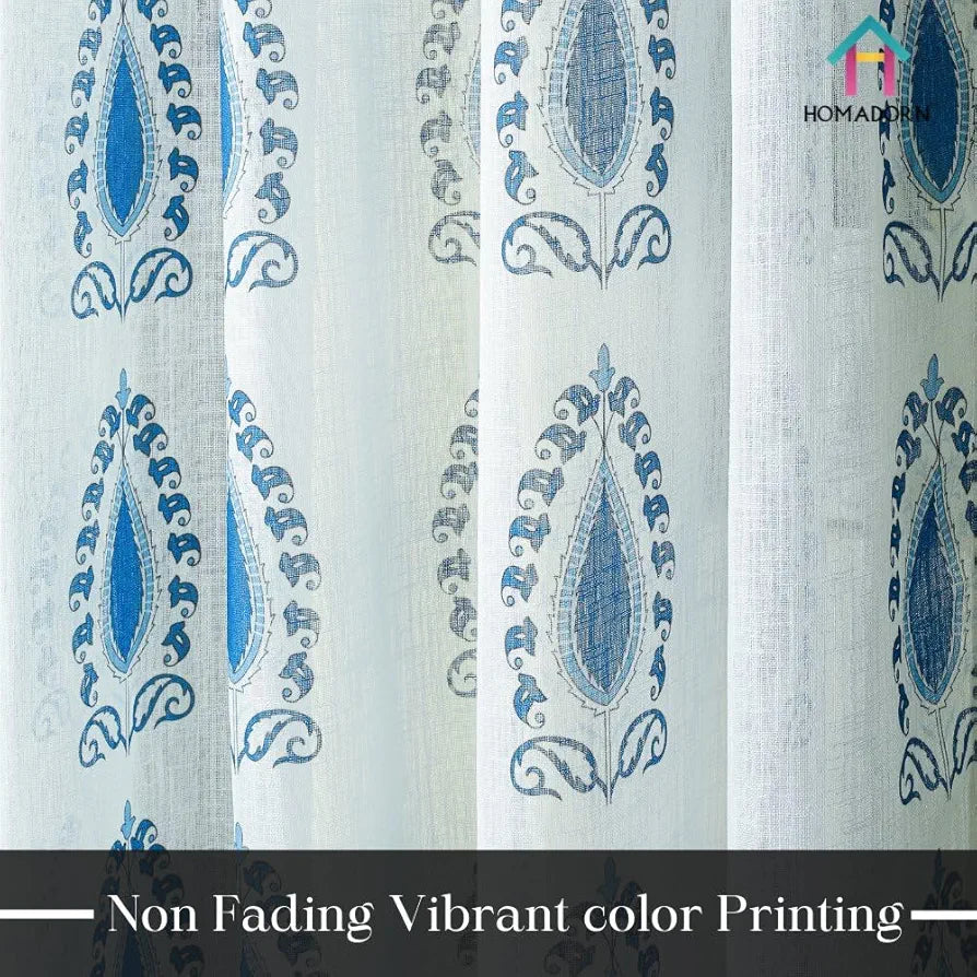 Homadorn Linen Sheer Printed Semi Transparent Curtains for Window Set of 2 Blue Motifs