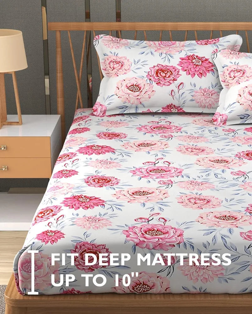 Fresh From Loom Floral Print 240 TC King Size Microfiber Fitted Bedsheet Set Soft & Anti Fade 2 Pillow Covers Included Rose-Offwhite