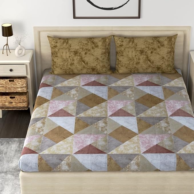 Huesland by Ahmedabad Cotton 186 TC Bedsheet for King Size Bed with 2 Pillow Covers | Green Ochre, Mulberry & Grey