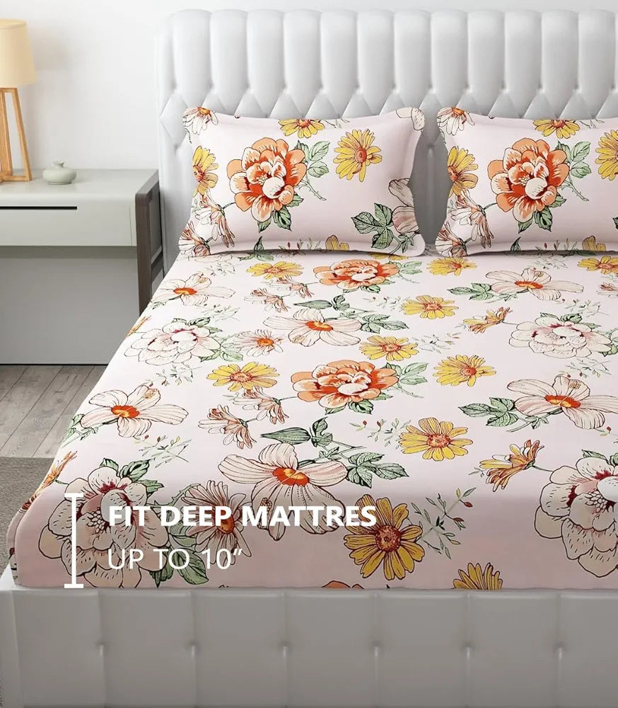 Fresh From Loom Elastic Fitted Floral Bed Sheets Bed Covers for Mattresses Tuck in King Size with Two Pillow Cover 144 TC Soft Pink