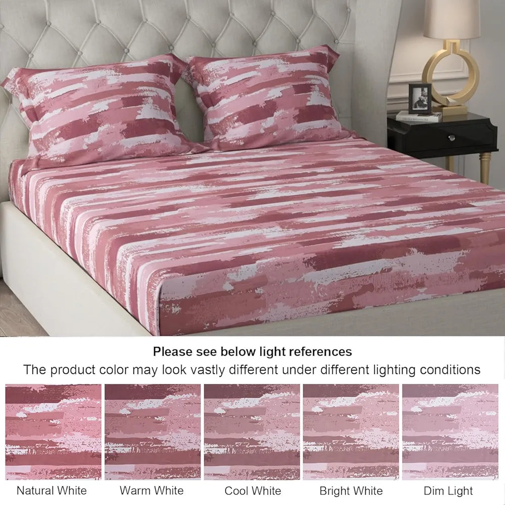 Cloth Fusion 186tc Glace Cotton Elastic Fitted Bedsheet for Double Bed King Size with 2 Pillow Covers Rosewater Stripes
