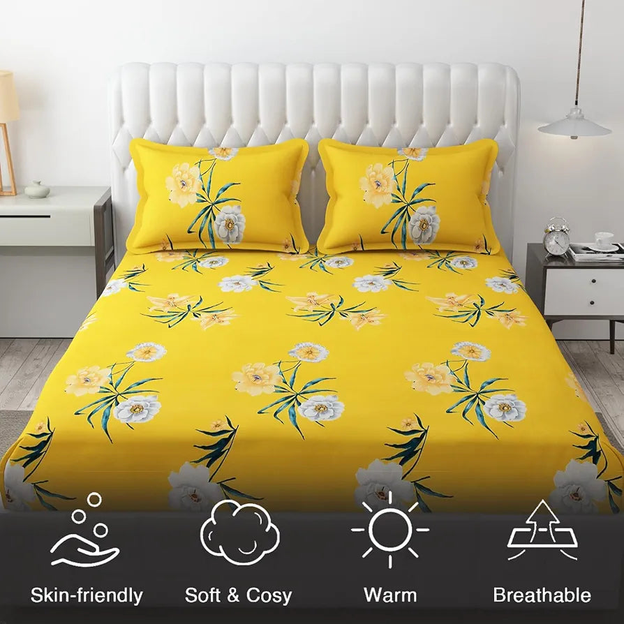 Fresh From Loom Double Bed Floral Design Microfiber King Bedsheet Bedcover Wrinkle Free Includes 2 Pillow Covers 144 TC Peach Yellow
