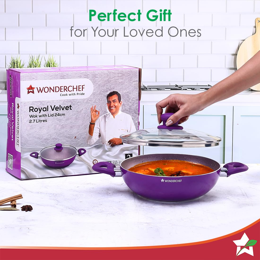 Wonderchef Royal Velvet Non-stick 24cm Kadhai with Lid and Handles | Glass Lid