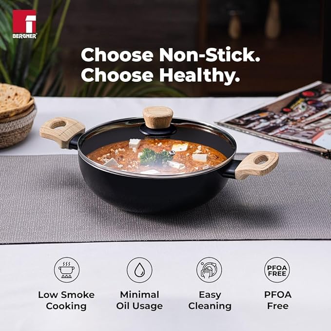 Bergner Bellini Plus Aura 5-layer Non-stick 22 Cm Kadai With Glass Lid | 2.9 Litres Kadhai