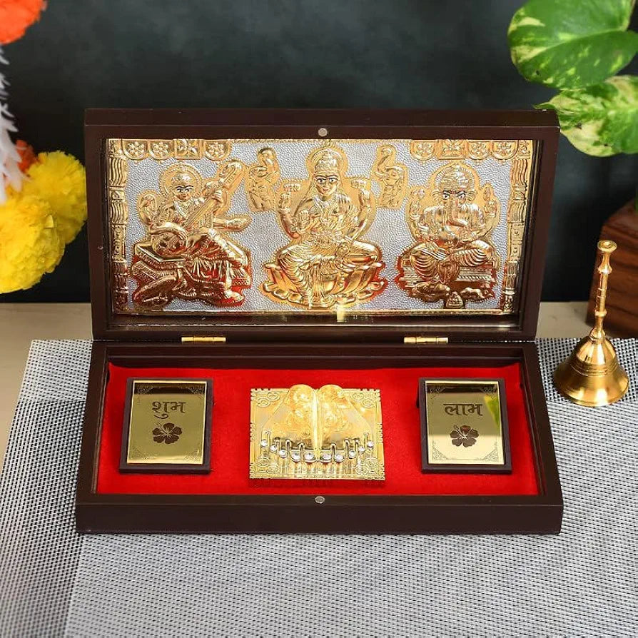 Jaipur Ace Gold Plated Laxmi Ganesh Saraswati Charan Paduka Yantra Devotional Prayer Box Standard