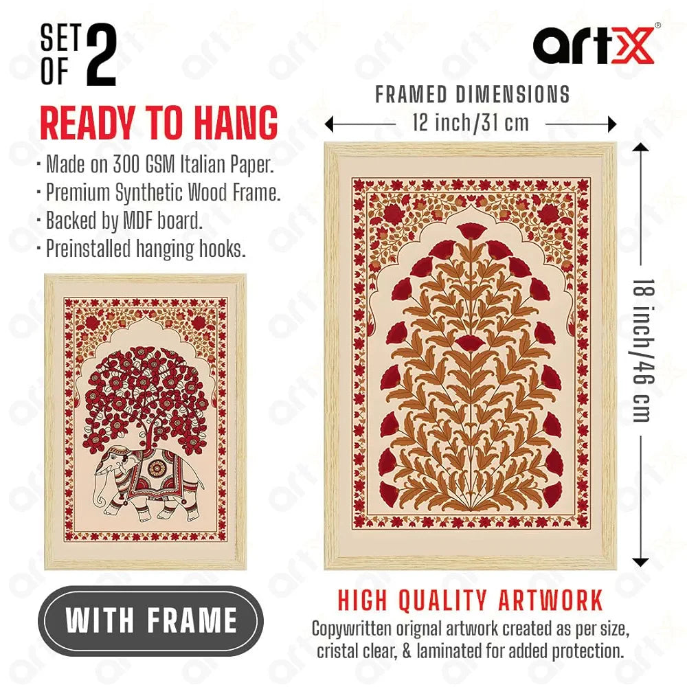 ArtX Paper Elephant Kalamkari Art Paintings with Frame Set of 2