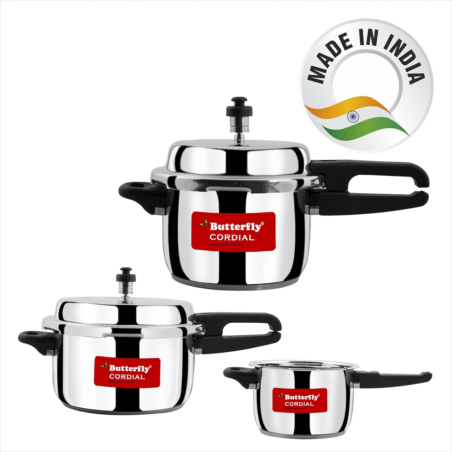 Butterfly Cordial 2, 3 & 5 Litres Pressure Cookers Set | Outer Lid | Superior Stainless Steel | Induction & Gas Stove Compatible