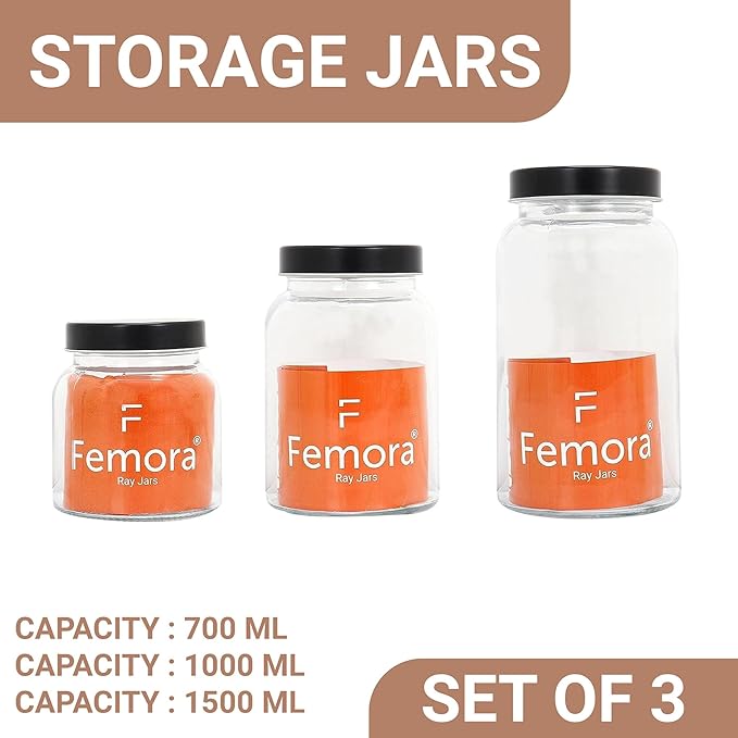 Femora Kitchen Storage Jars Clear Glass Jar With Steel Lid Air Tight Jar | Set of 3
