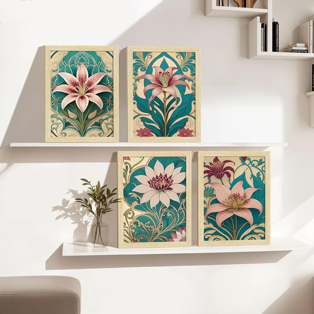 ArtX Paper Lilly Flowers Botanical Art Paintings With Frame Multicolor, Set of 4