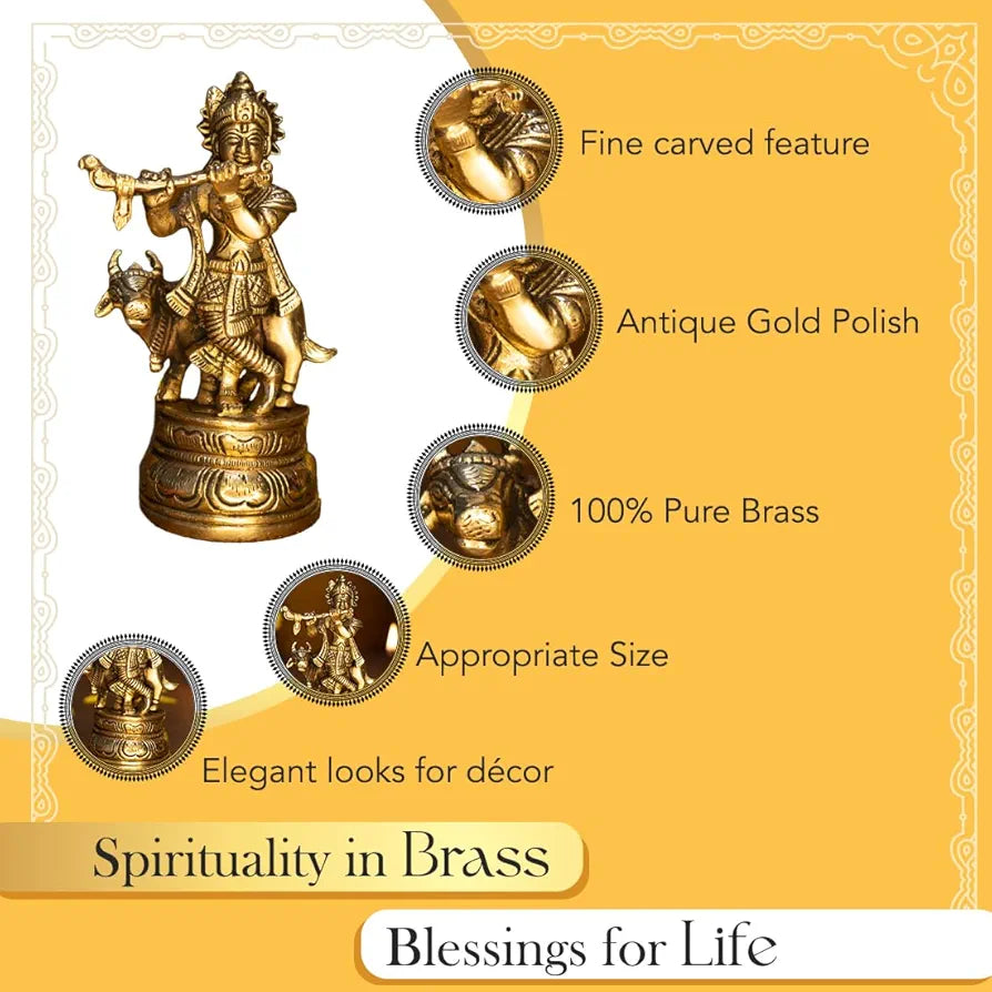 Ekhasa Pure Brass Lord Krishna Idol with Flute Shree Lord Krishna Statue Golden