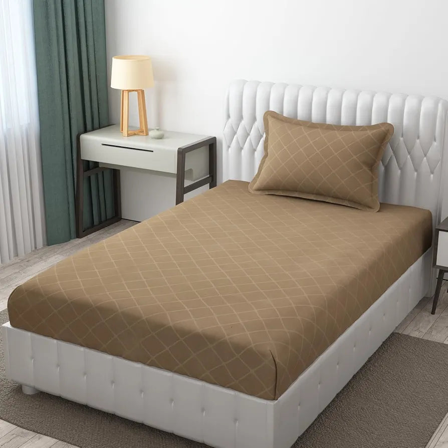 Fresh From Loom Single Bedsheet Microfiber Rotary Printed with 1 Pillow Covers 144 TC Dark Beige Barfi