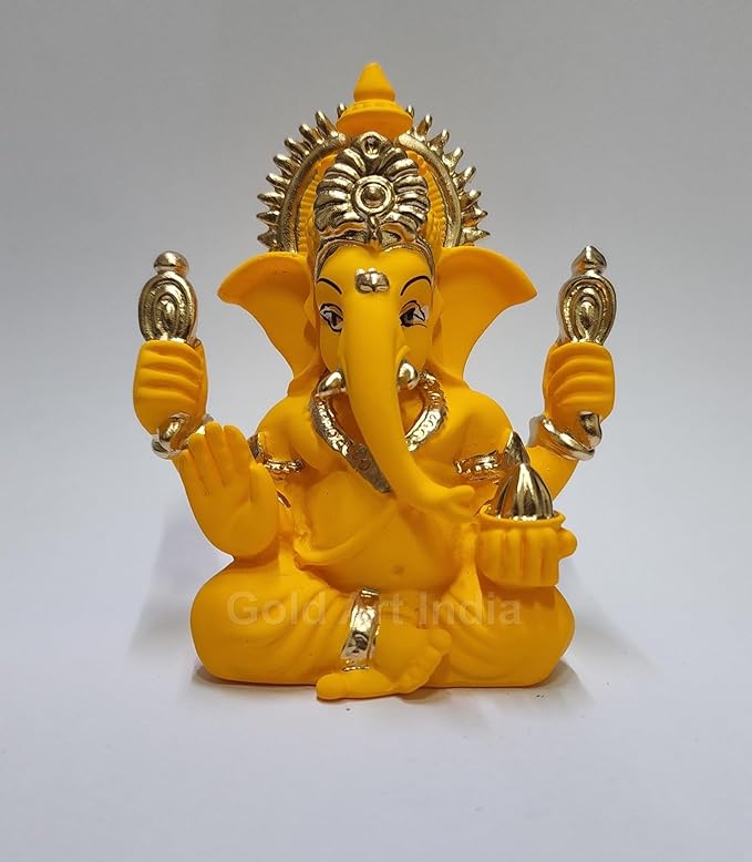 Gold Art India Handcrafted Mango Terracotta Ganesha with Golden Jewelry for Car Dashboard Home Office Decor