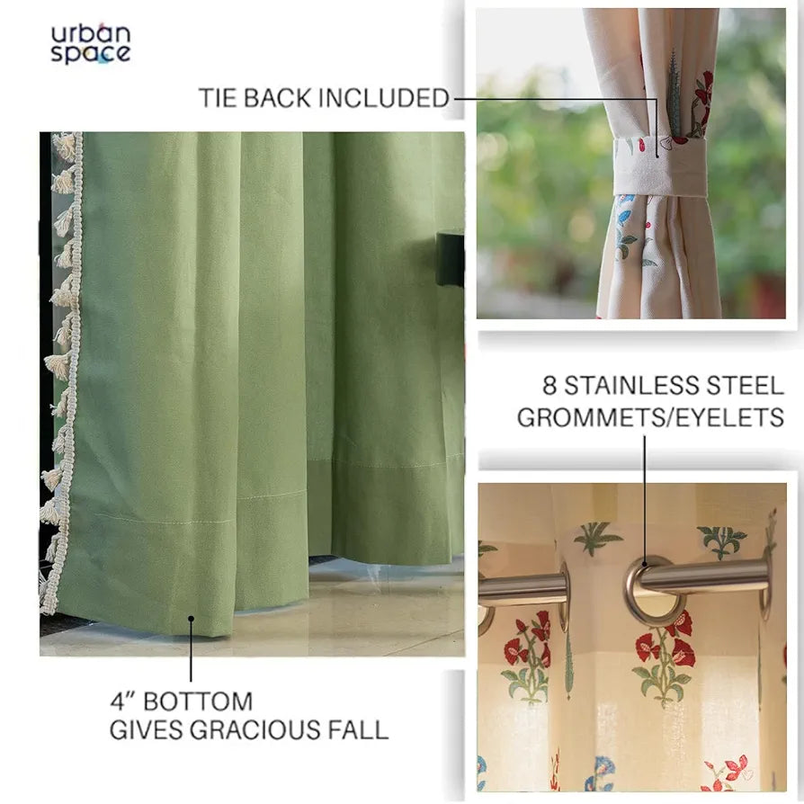 Urban Space Floral Cotton Curtains For Door, Combo Set Of 3 Room Darkening Curtains Tieback & Eyelets High Garden Red & Aura Green