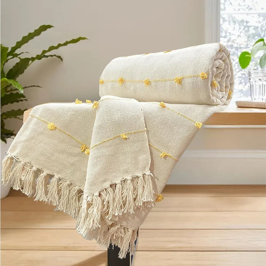 Sajavat Home Hand Knitted Pure Cotton 3 Seater Sofa Throw Colour Beige & Yellow