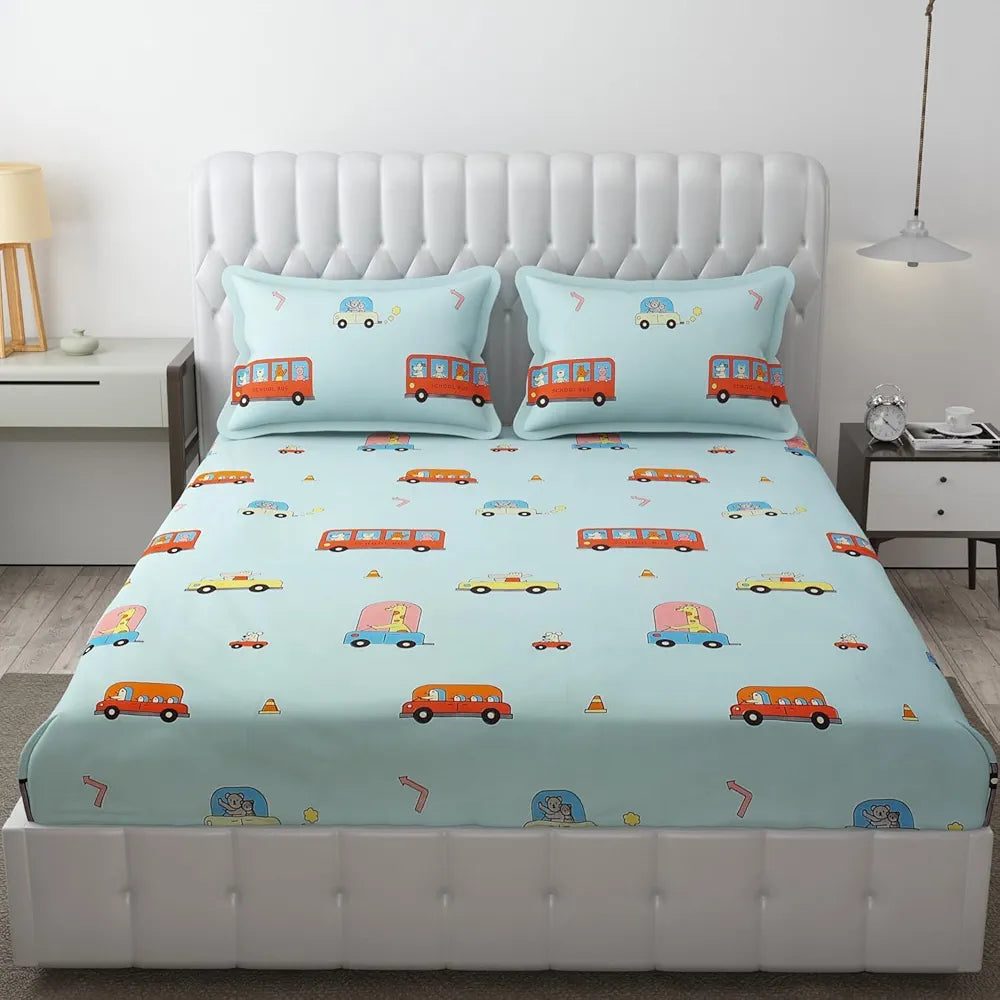 Fresh From Loom 300 TC Glace Cotton Soft Hypoallergenic Elastic Fitted Bed Sheet with 2 Pillow Cover Aqua Bus Queen
