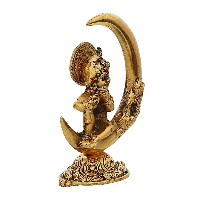 Ecraftindia Golden Metal Handcrafted Lord Krishna Idol Playing Flute and Sitting on Half Moon Decorative Showpiece