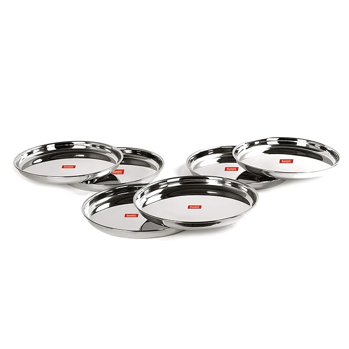 Sumeet Stainless Steel Heavy Gauge Deep Wall Snack Plates 31.3cm Set of 6 pcs
