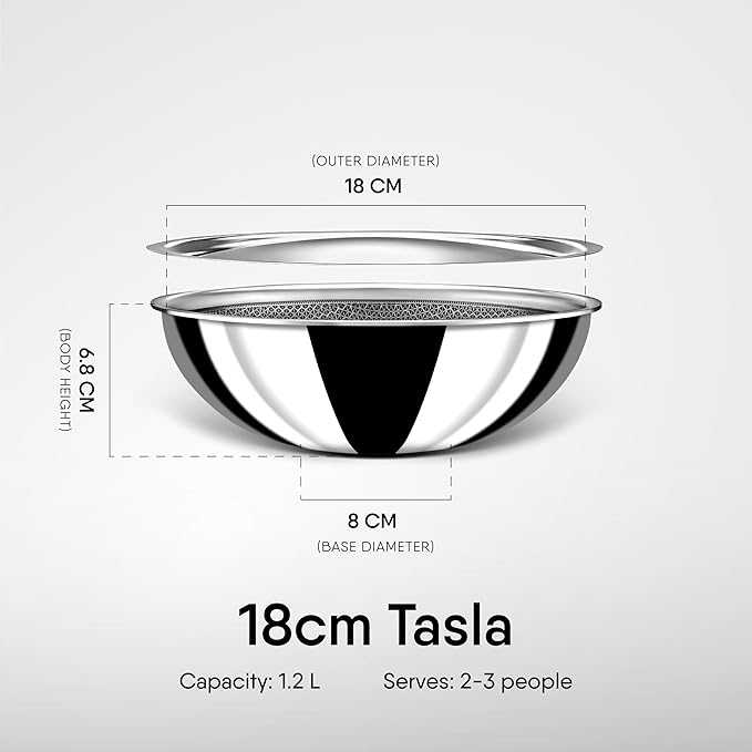 Stahl Artisan Hybrid Triply Non Stick Tasla With Lid | Stainless Steel Kadai/ Tasla for Cooking | Induction & Gas Stove Base | 1.2 L | 18cm