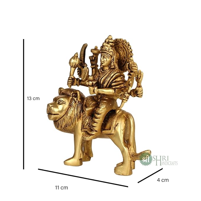 Indicast Brass Maa Durga Idol Sitting on Lion Maa Sherwali Murti for Home Mandir Office Navratra Puja | Height 13 Cms
