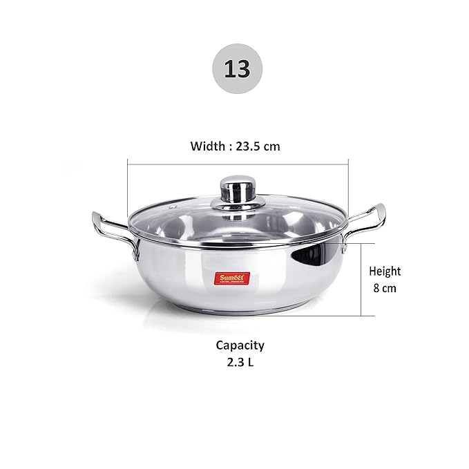 Sumeet Stainless Steel Induction Bottom Kadhai With Glass No.13 (2.3 LTR) 23.5