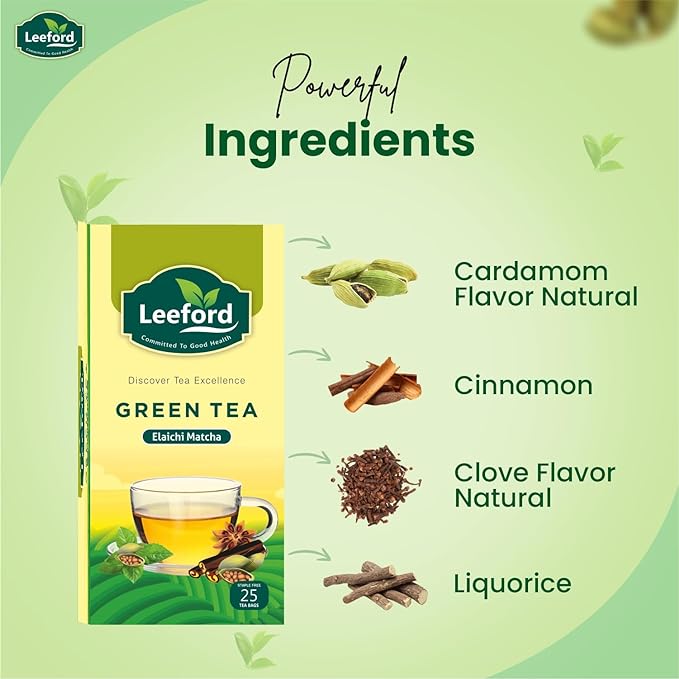 Leeford Elaichi Matcha Green Tea For Weight Loss - 25 Infusion Bags
