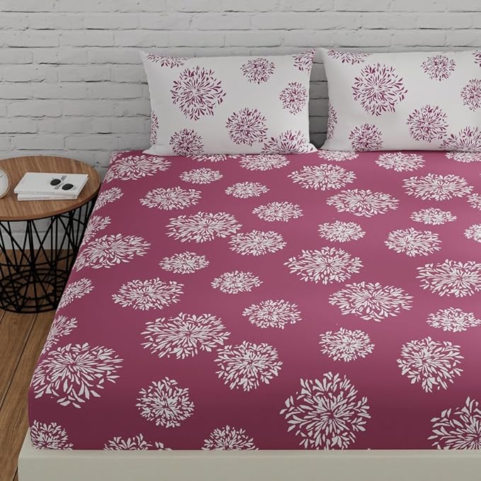 Huesland by Ahmedabad Cotton 144 TC Bedsheet for King Size Bed with 2 Pillow Covers | Mauve & White