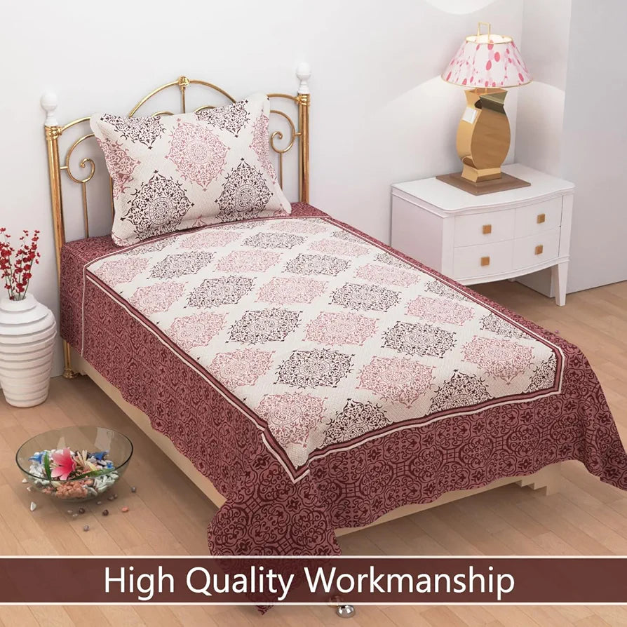Fresh From Loom Reversible Cotton Floral Single Bed Bedsheet 300 Tc Heavy Bed Sheets With 1 Pillow Cover Maroon