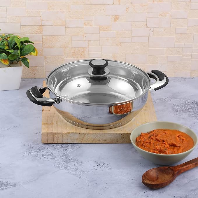 Vinod Durban Stainless Steel Kadhai with Glass Lid 1.7 Litre (20 cm) | 6.2mm Thick | Kadhai for Deep Frying