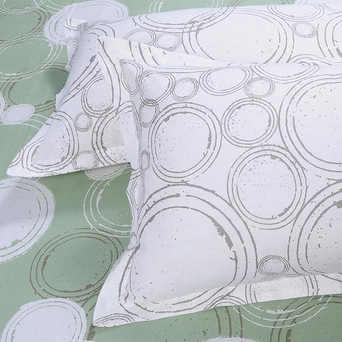 Huesland by Ahmedabad Cotton 144 TC King Size Bedsheet Cotton with 2 Pillow Covers | Sphere | Green & Off White