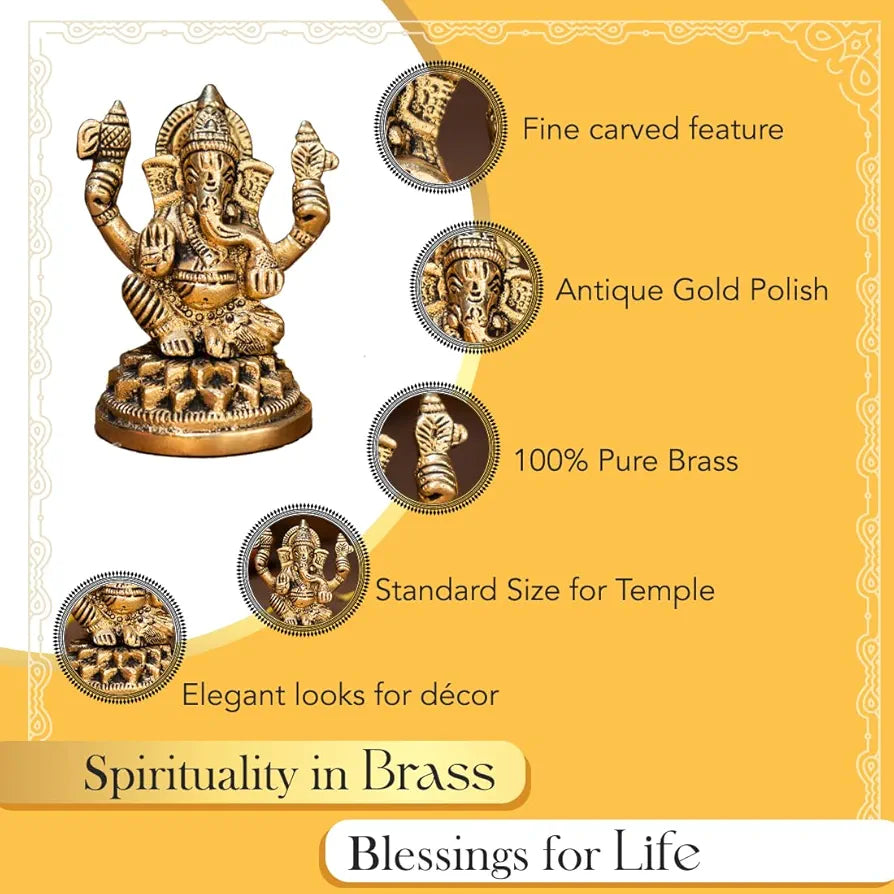 Ekhasa Pure Brass Ganesha Idol Pital Ganesh Murti Size: 8.4 cm