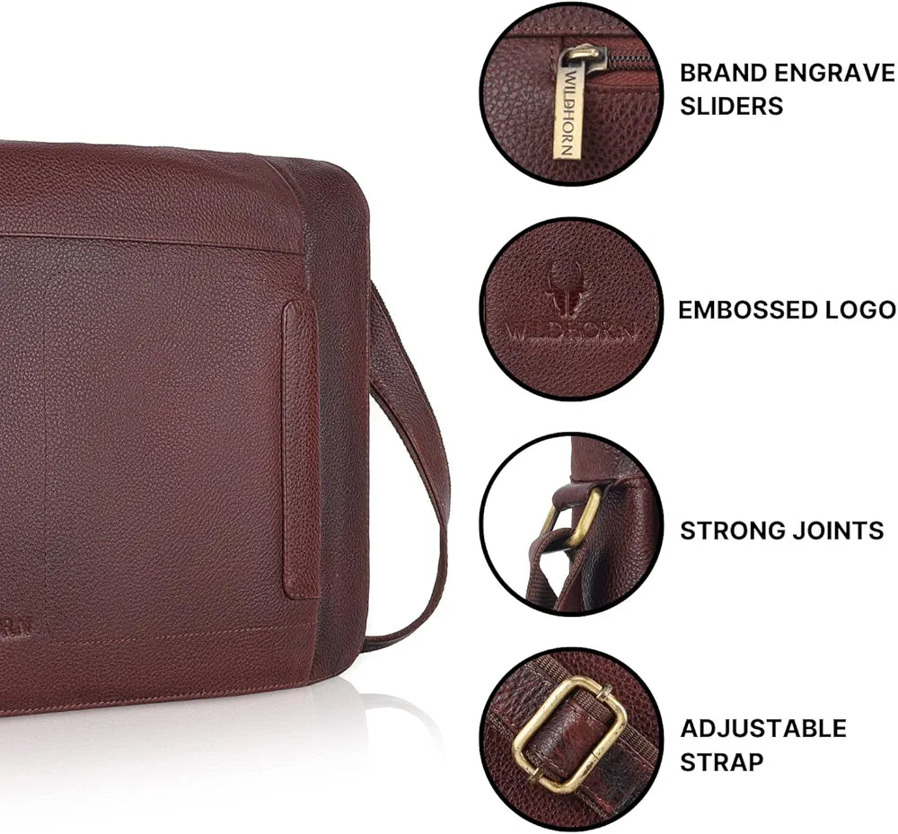 WildHorn Leather Messenger Bag for Men/Office Bag for Men | Fits Upto 15.6 Inch Laptop/MacBook | Laptop Bag/Leather Bag for Men I Dimension : L-16 inch W-3.5 inch H-12 inch