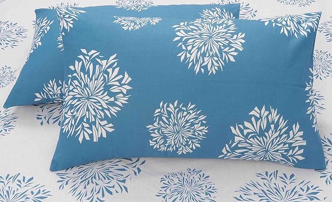 Huesland by Ahmedabad Cotton 144 TC Cotton Bedsheet for Double Bed King Size with 2 Pillow Covers | White & Blue