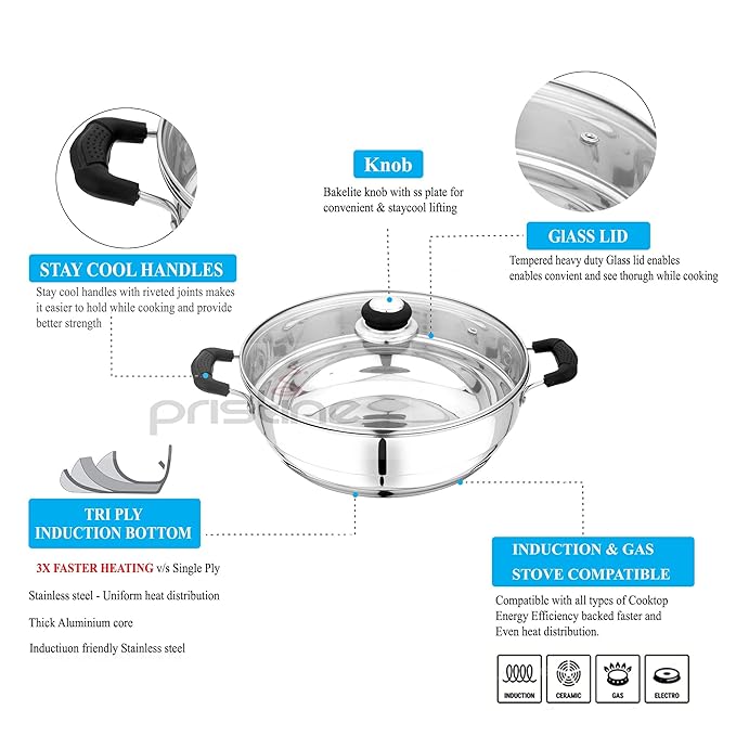 Pristine Stainless Steel Try Ply Induction Base Multi-Purpose Kadai with Lid and 5 Plates 2 Idli Plates 2 Dhoklas Patra Plates