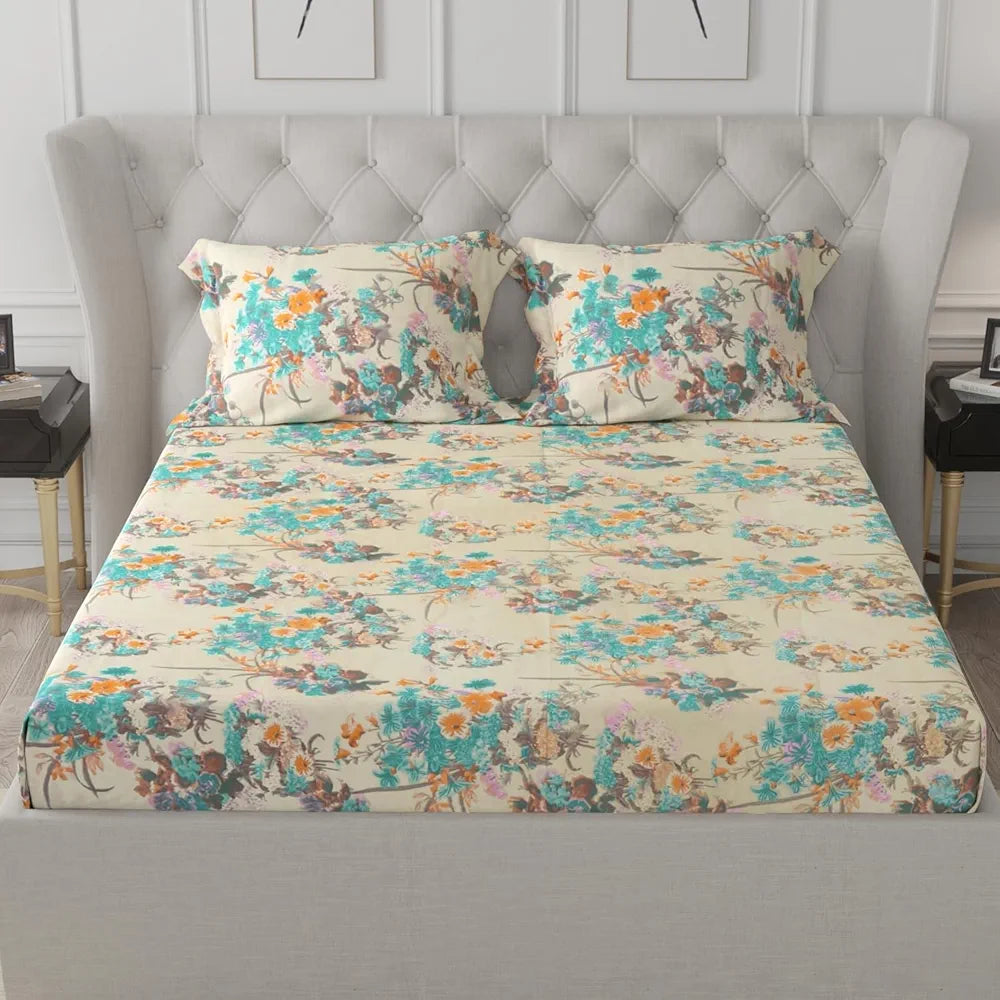 Cloth Fusion Glace Cotton Elastic Fitted Bedsheet for Double Bed King Size with 2 Pillow Covers Spring Bloom