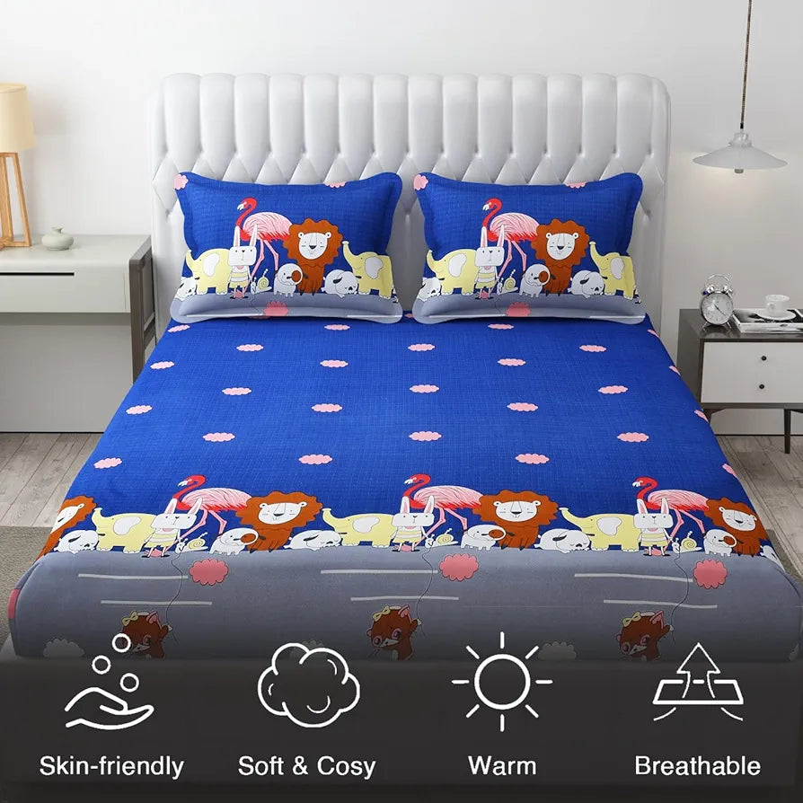 Fresh From Loom Bed Sheet Cartoon Printed Double Bedsheets King Size for Kids with 2 Pillow Cover 144 TC Animal-Blue