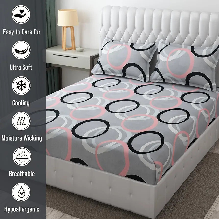 Fresh From Loom King Bedsheet for Double Bed Floral Design Bed Spread with 2 Pillow Covers 144 TC Circle Grey