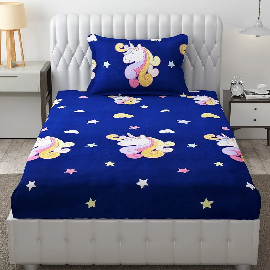 Fresh From Loom Glace Cotton Bed Sheet Cartoon Printed Single Bedsheet Size for Kids with 2 Pillow Cover 144 TC Dinosaur Blue