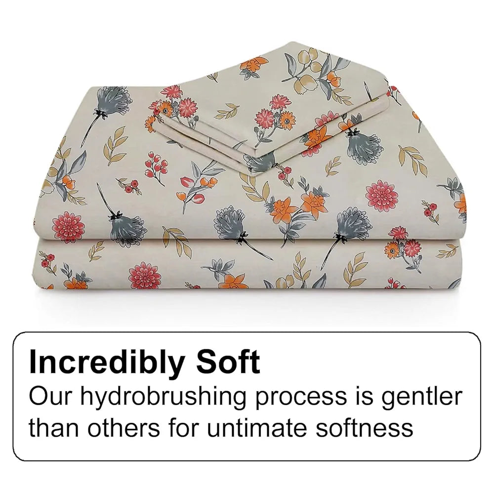 Fresh From Loom Floral Print 240 TC Microfiber King Size Fitted Bedsheet Set with 2 Pillow Covers Pastel Cream