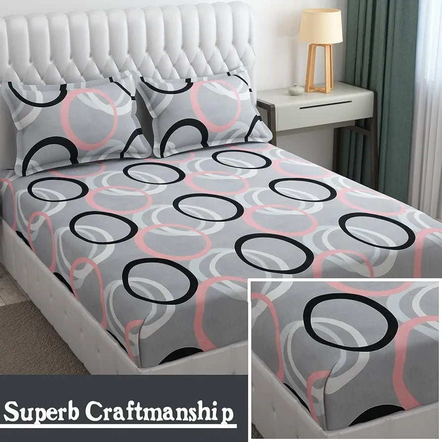 Fresh From Loom King Bedsheet for Double Bed Floral Design Bed Spread with 2 Pillow Covers 144 TC Circle Grey