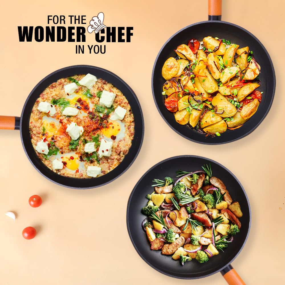 Wonderchef Caesar Forged Virgin Aluminium Fry Pan, 1 ltr, 20cm, Black, Healthy Greblon C3 Non-Stick Coating
