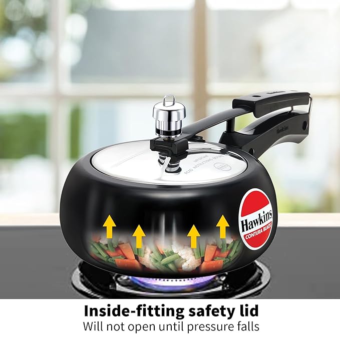 Hawkins 2 Litre Contura Black Pressure Cooker Hard Anodised Inner Lid Cooker Handi Cooker Small Cooker Black