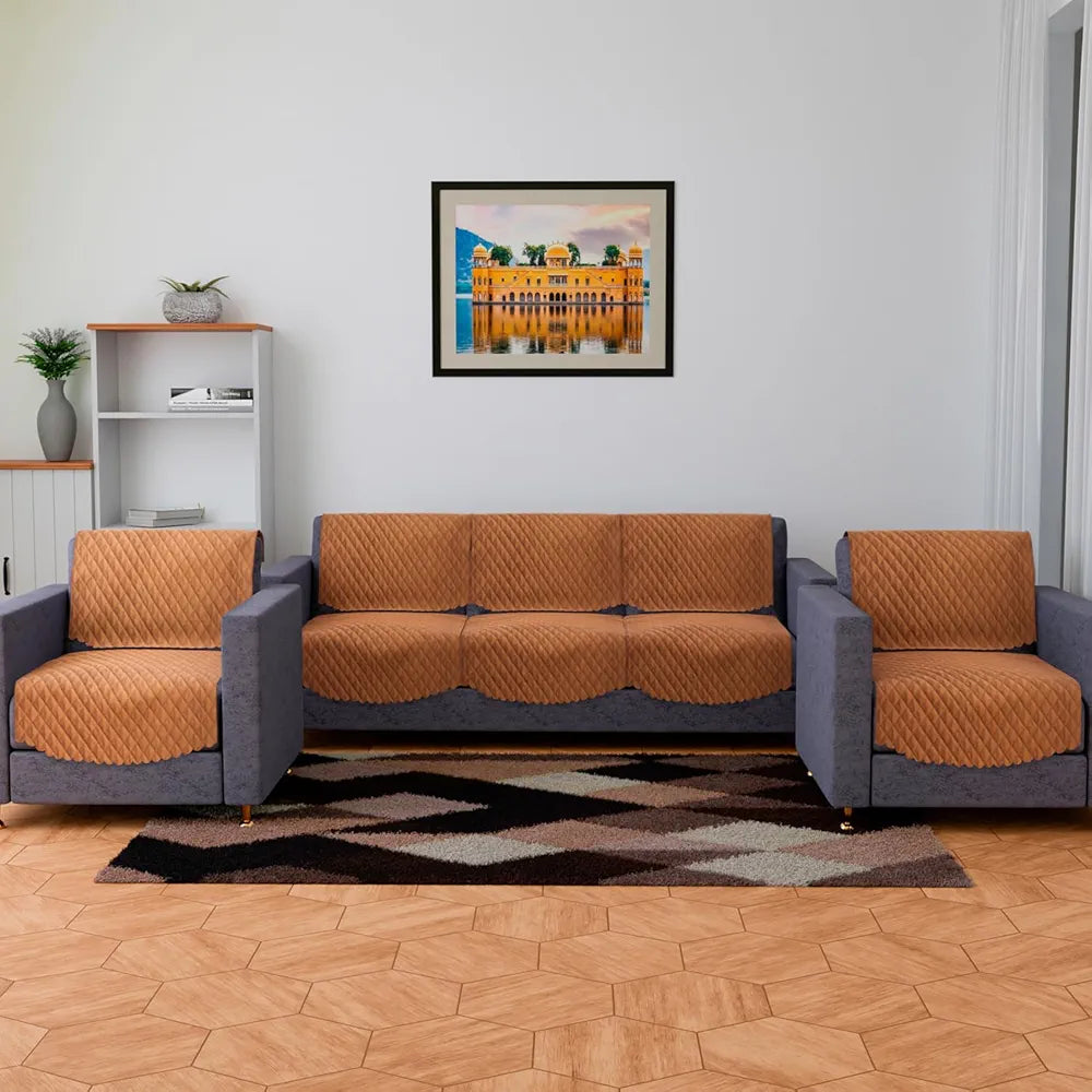 Kuber Industries Velvet Sofa Cover Set Modern Quilted 5 Seater Couch Slipcover for Living Room Brown