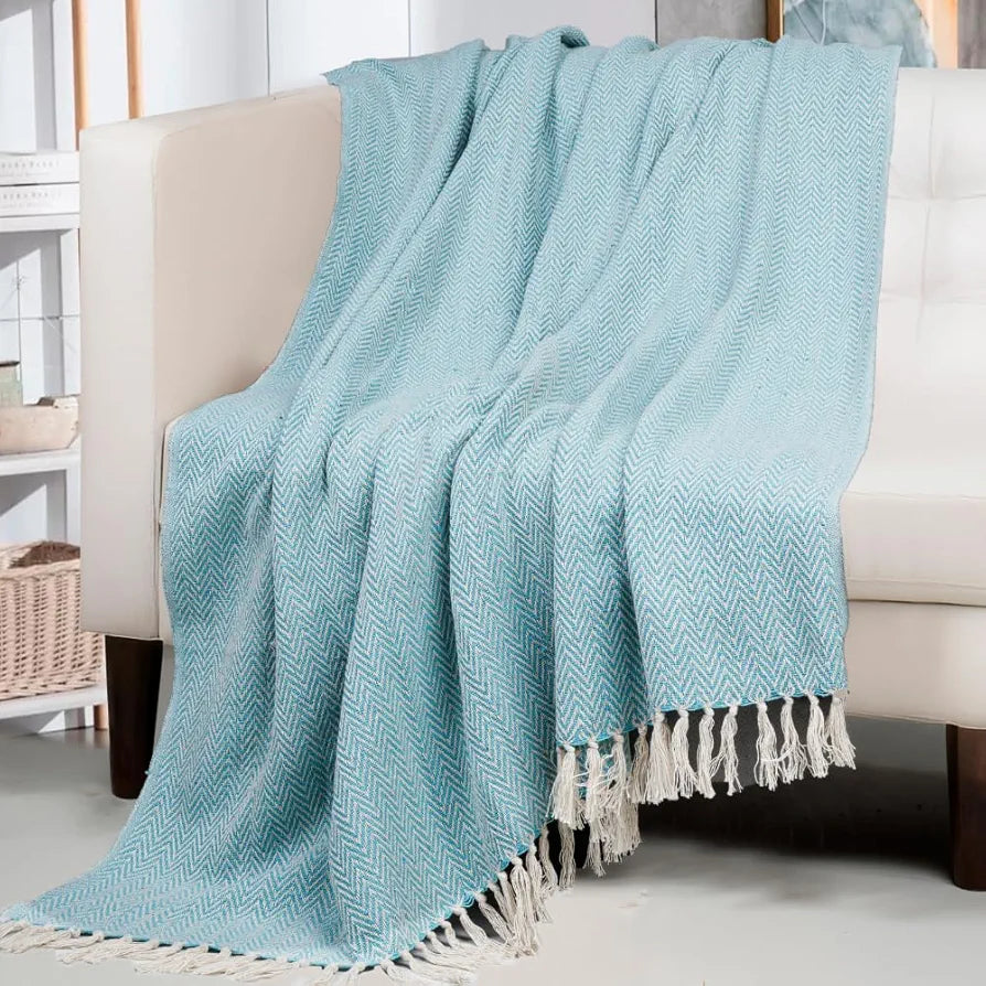 Homadorn All Season Cotton Weaved Throw Blanket Colour Aqua