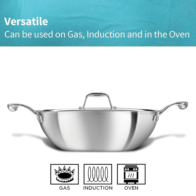 Hawkins Pro 3.5 Litre Deep-Fry Pan, Triply Stainless Steel Kadhai with Stainless Steel Handles and Stainless Steel Lid, Silver