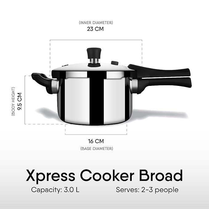 Stahl Xpress Cooker Triply Pressure Cooker Broad, Induction Cooker, Outer Lid Pressure Cooker 3 L | Induction & Gas Stove Compatible
