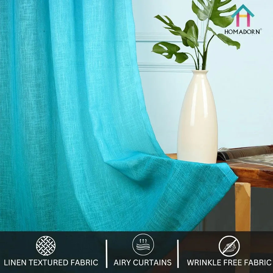 Homadorn Ombre Printed Linen Textured Sheer Curtains Purple + Teal Blue