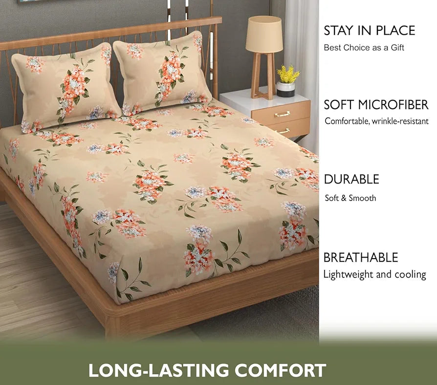 Fresh From Loom Floral Print King Size Bedsheet with 2 Pillow Covers Microfiber 240 TC Beige-Floral