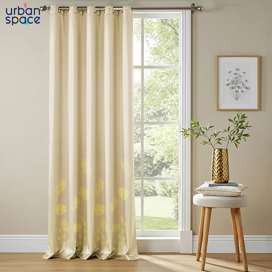 Urban Space Blackout Curtains for Living Room, Gold Foil Printed Luxurious Blackout Decorative Window Curtain Eyelet with Tieback, 1 Piece Aurika Beige Colour