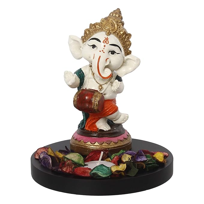 Ecraftindia Colorful Polyresin Lord Ganesha Idol Dancing and Playing Dholak Musical Instrument With Wooden Base