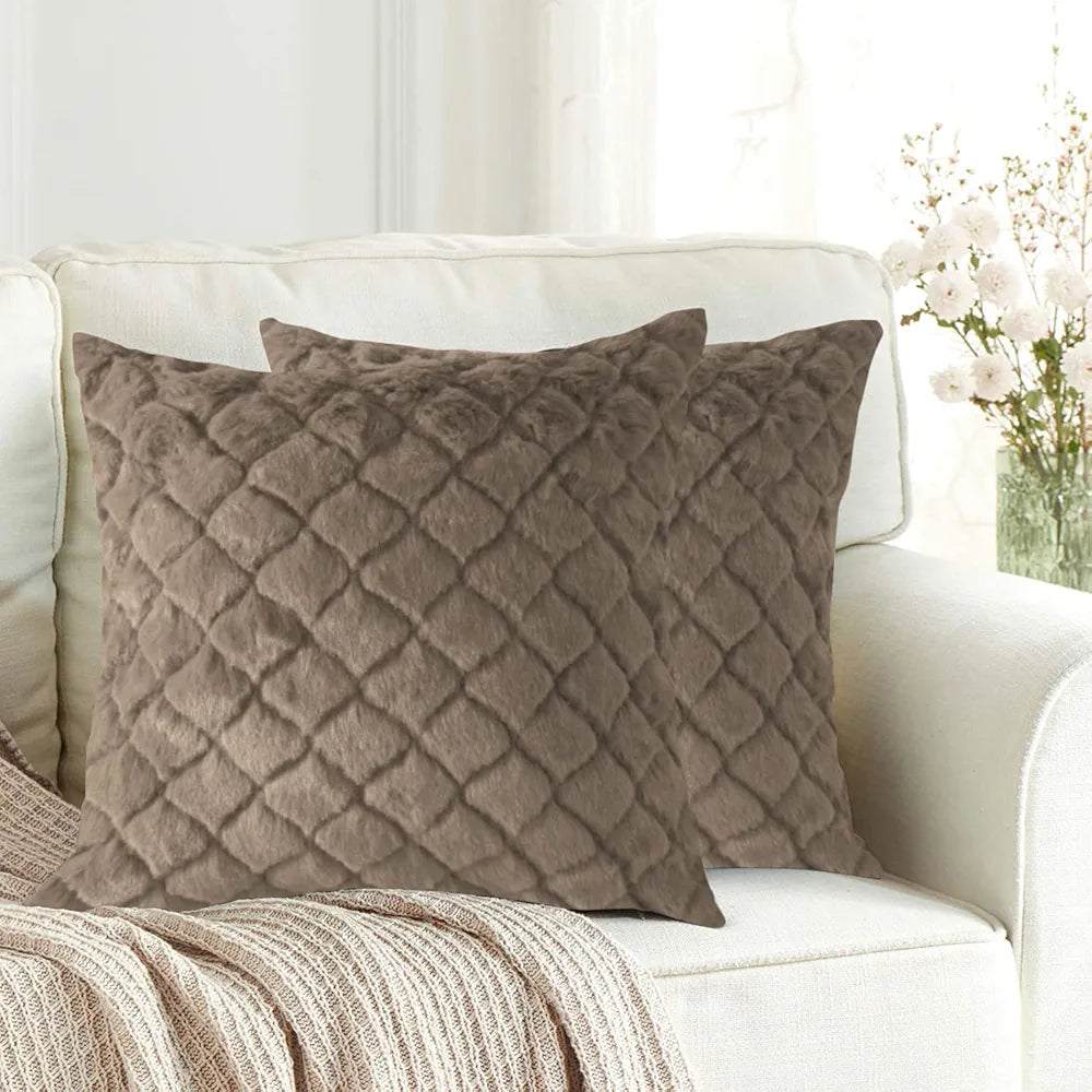 Luxe Home Cushion Cover Duble Side Rabbit Fur Diamond Design Covers Set of 2 Colour Taupe